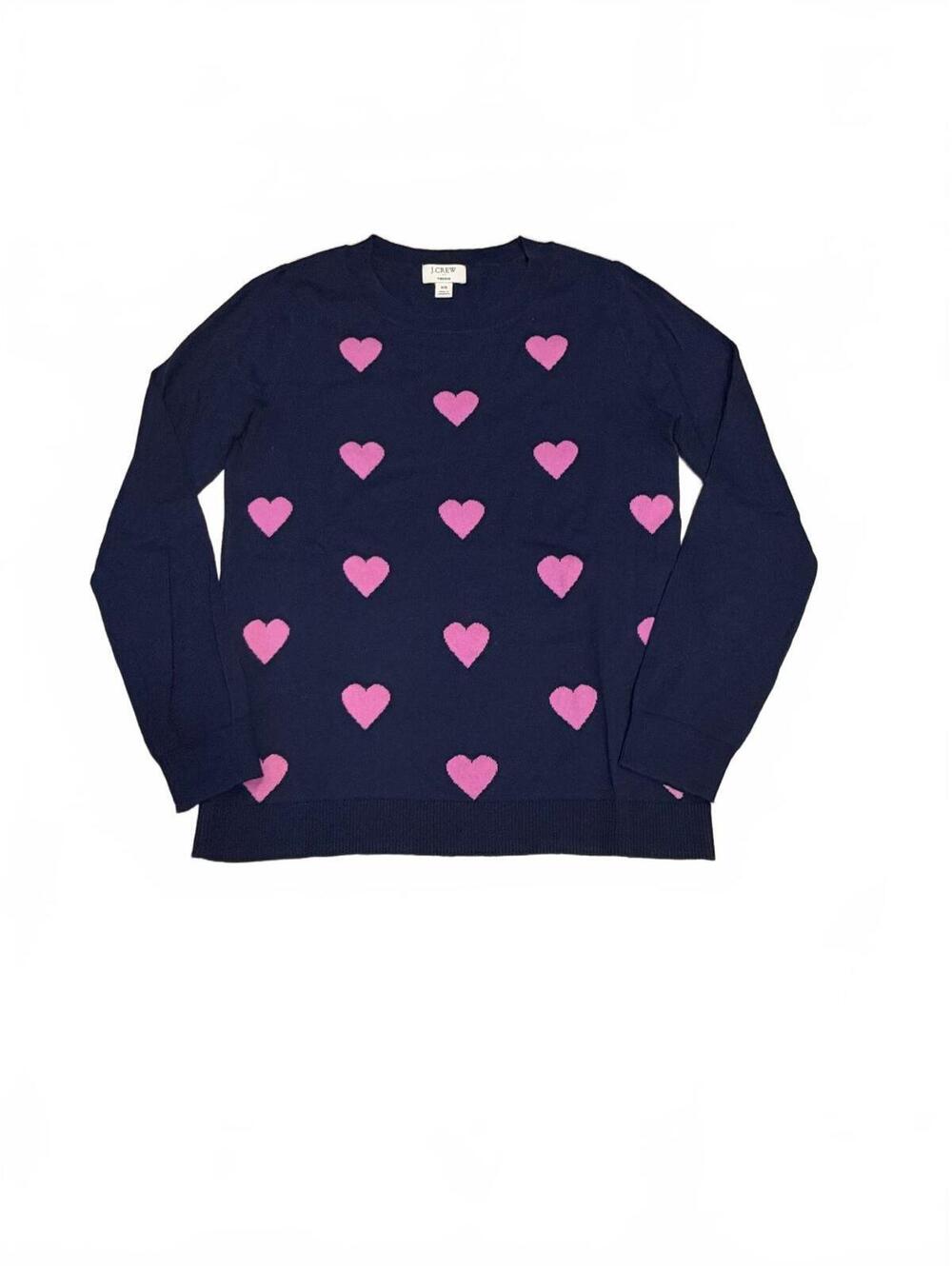 J.Crew Navy Blue Sweater with Pink Heart Pattern, 100% Cotton, Women's Medium